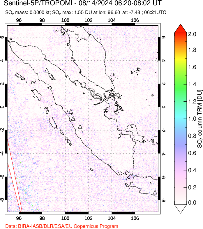 A sulfur dioxide image over Sumatra, Indonesia on Aug 14, 2024.