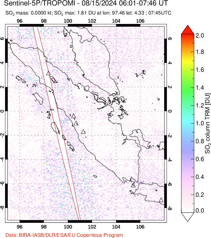 A sulfur dioxide image over Sumatra, Indonesia on Aug 15, 2024.