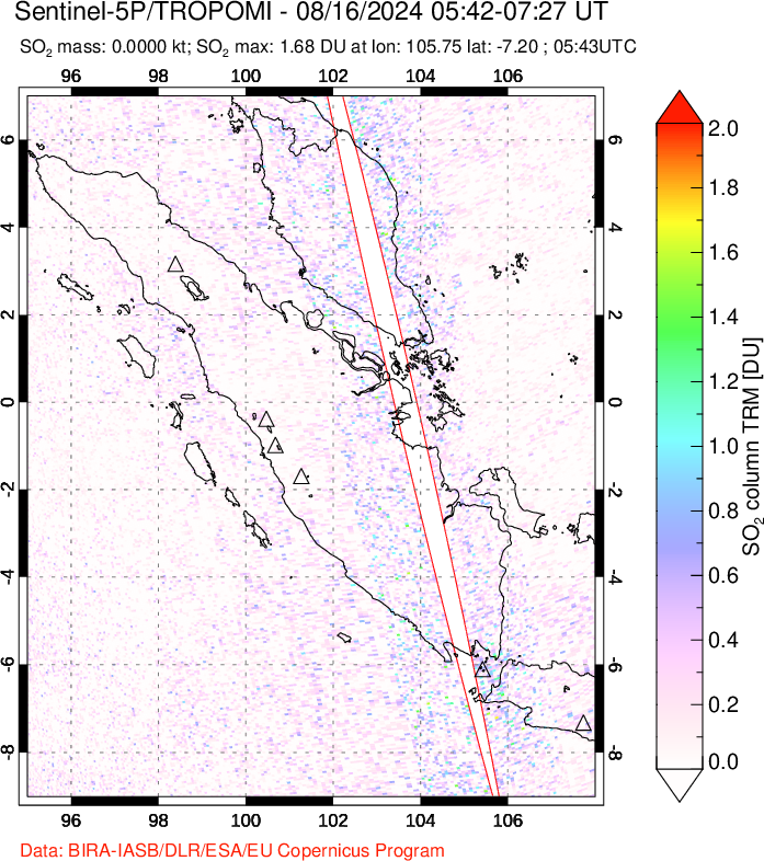 A sulfur dioxide image over Sumatra, Indonesia on Aug 16, 2024.