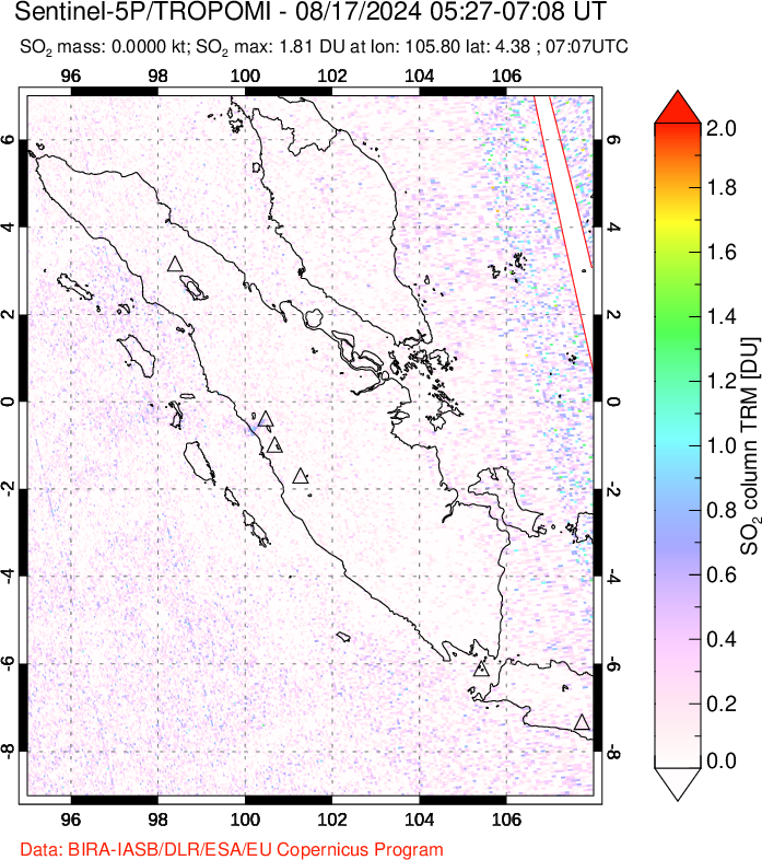 A sulfur dioxide image over Sumatra, Indonesia on Aug 17, 2024.