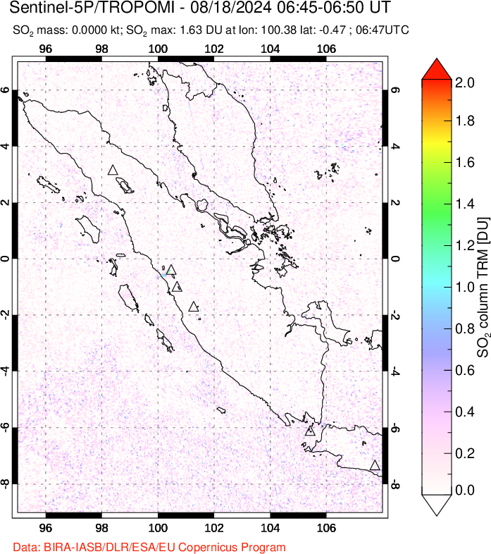 A sulfur dioxide image over Sumatra, Indonesia on Aug 18, 2024.