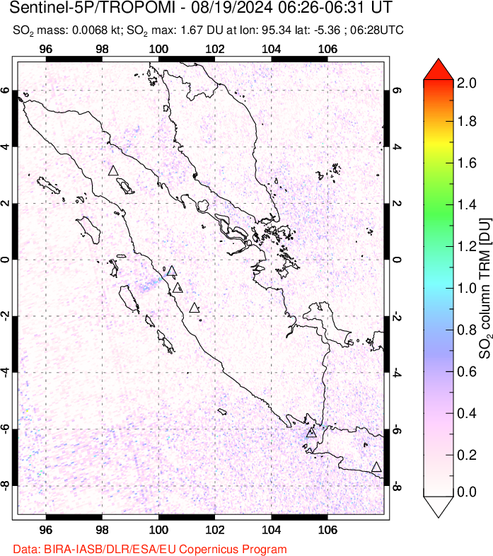 A sulfur dioxide image over Sumatra, Indonesia on Aug 19, 2024.