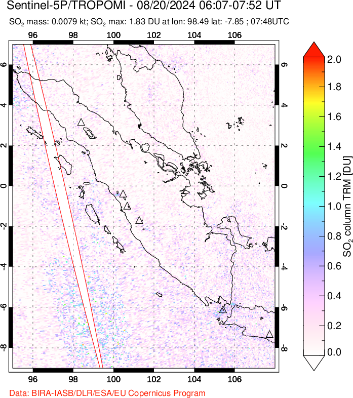 A sulfur dioxide image over Sumatra, Indonesia on Aug 20, 2024.