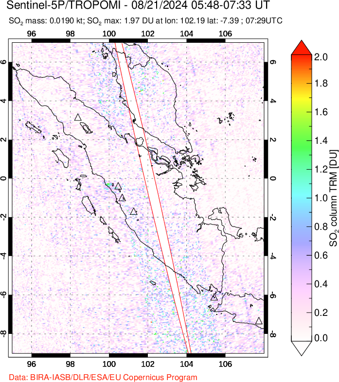 A sulfur dioxide image over Sumatra, Indonesia on Aug 21, 2024.