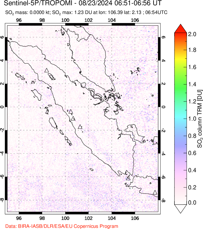 A sulfur dioxide image over Sumatra, Indonesia on Aug 23, 2024.