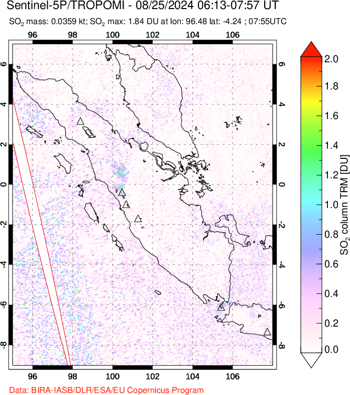 A sulfur dioxide image over Sumatra, Indonesia on Aug 25, 2024.