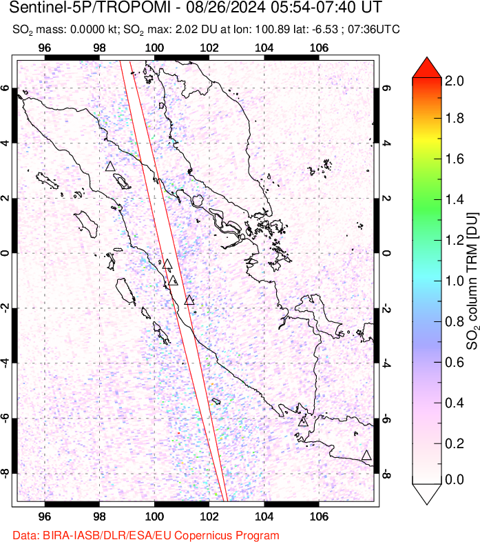 A sulfur dioxide image over Sumatra, Indonesia on Aug 26, 2024.