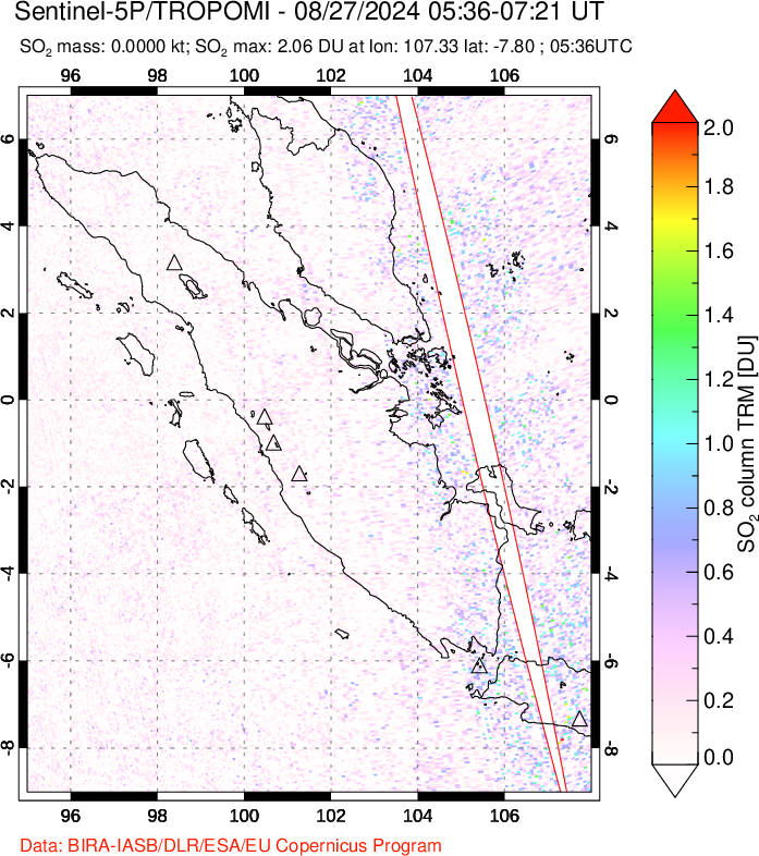 A sulfur dioxide image over Sumatra, Indonesia on Aug 27, 2024.