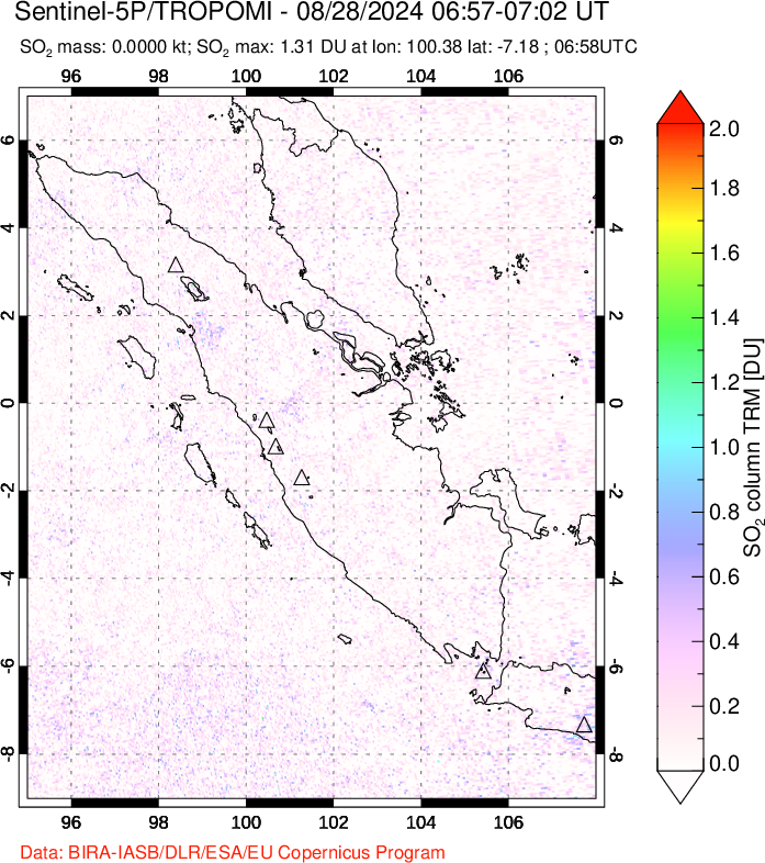 A sulfur dioxide image over Sumatra, Indonesia on Aug 28, 2024.