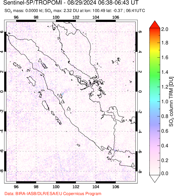 A sulfur dioxide image over Sumatra, Indonesia on Aug 29, 2024.