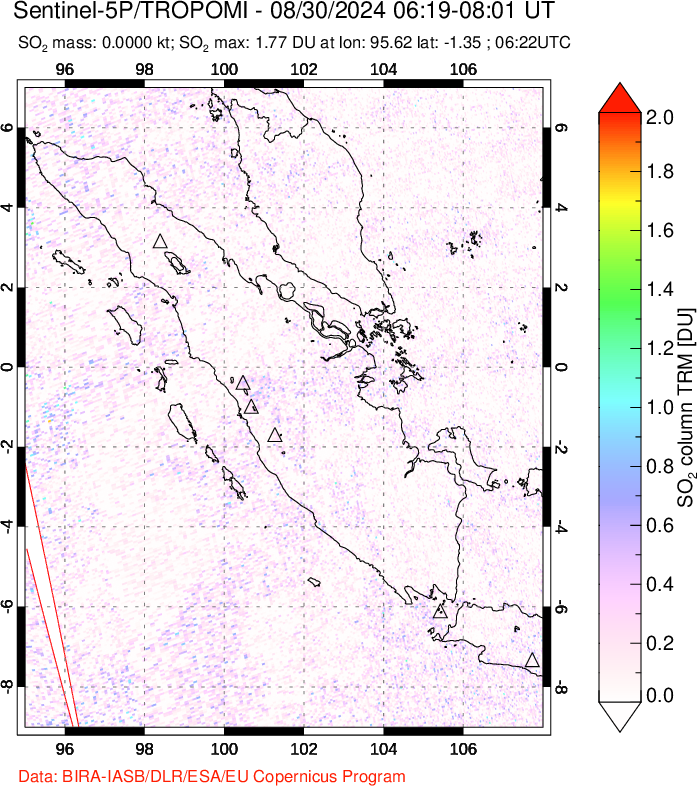 A sulfur dioxide image over Sumatra, Indonesia on Aug 30, 2024.