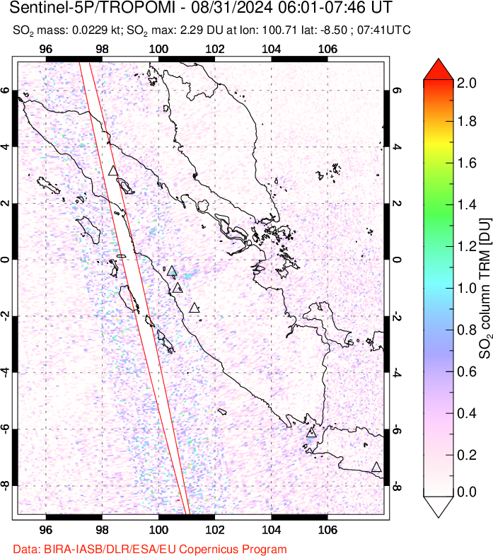 A sulfur dioxide image over Sumatra, Indonesia on Aug 31, 2024.