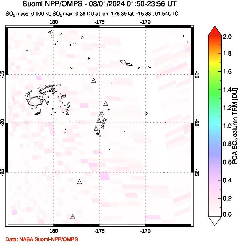 A sulfur dioxide image over Tonga, South Pacific on Aug 01, 2024.