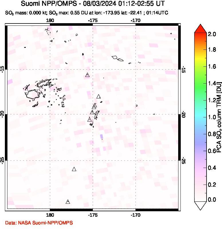 A sulfur dioxide image over Tonga, South Pacific on Aug 03, 2024.