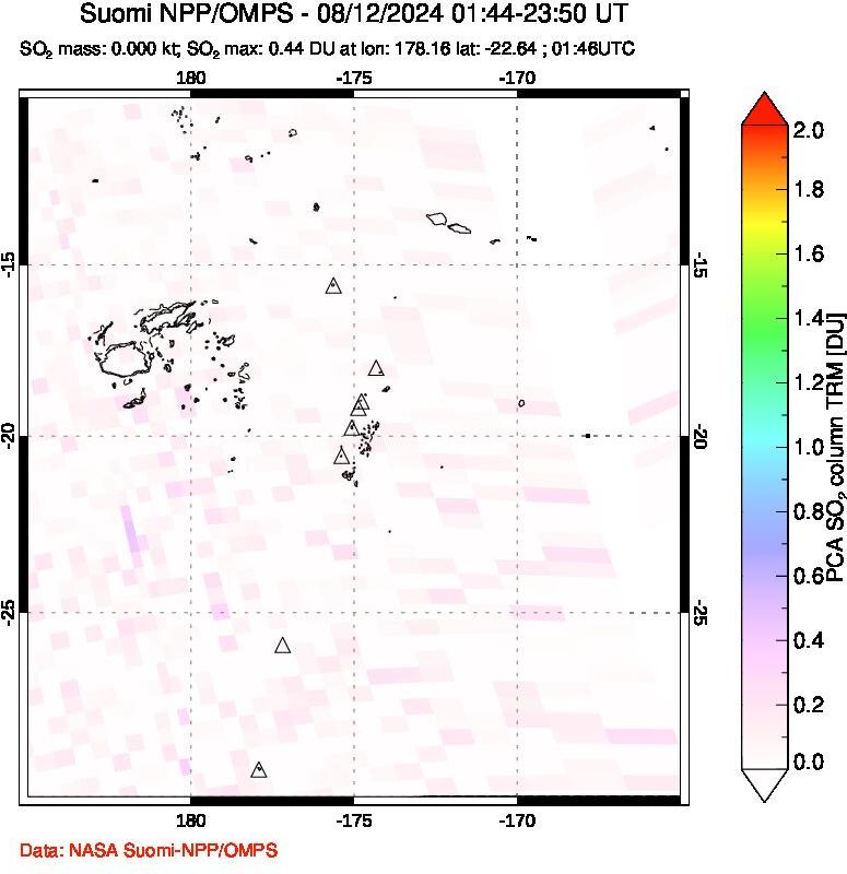 A sulfur dioxide image over Tonga, South Pacific on Aug 12, 2024.