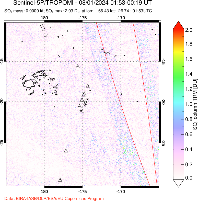 A sulfur dioxide image over Tonga, South Pacific on Aug 01, 2024.