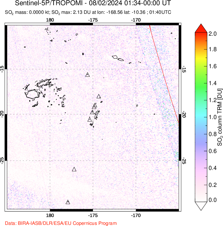 A sulfur dioxide image over Tonga, South Pacific on Aug 02, 2024.