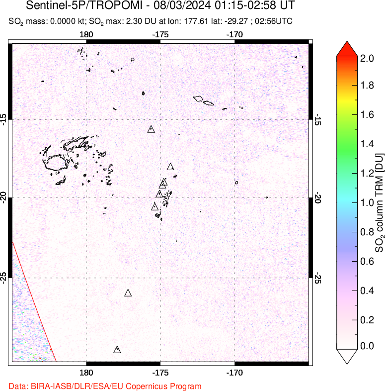 A sulfur dioxide image over Tonga, South Pacific on Aug 03, 2024.