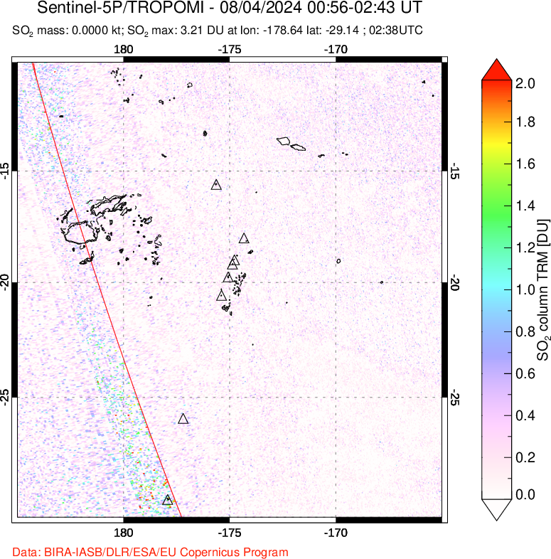 A sulfur dioxide image over Tonga, South Pacific on Aug 04, 2024.