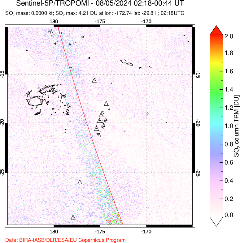 A sulfur dioxide image over Tonga, South Pacific on Aug 05, 2024.