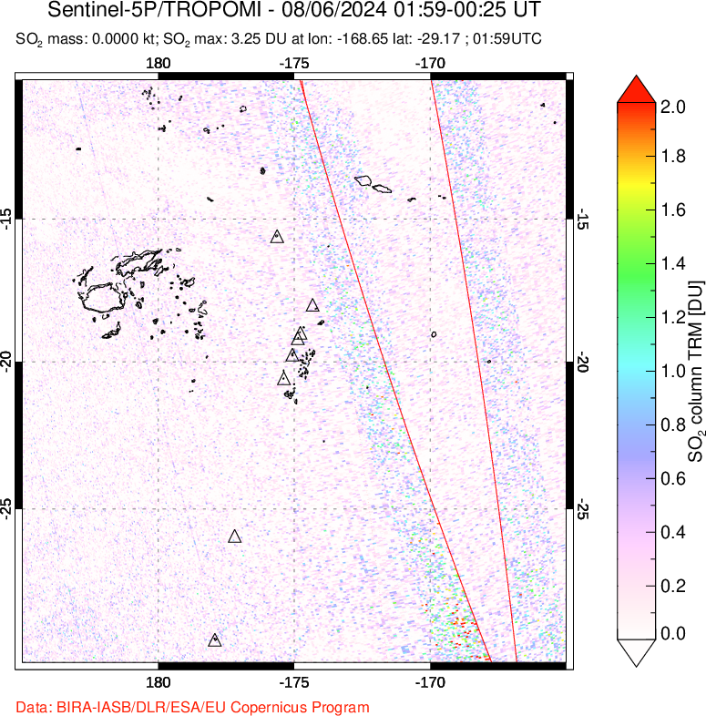 A sulfur dioxide image over Tonga, South Pacific on Aug 06, 2024.