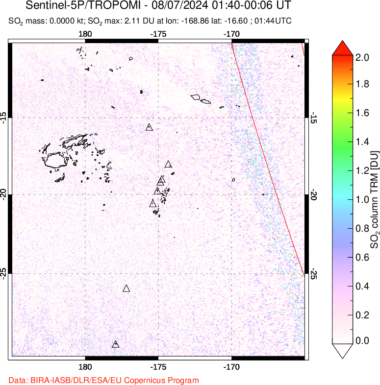 A sulfur dioxide image over Tonga, South Pacific on Aug 07, 2024.