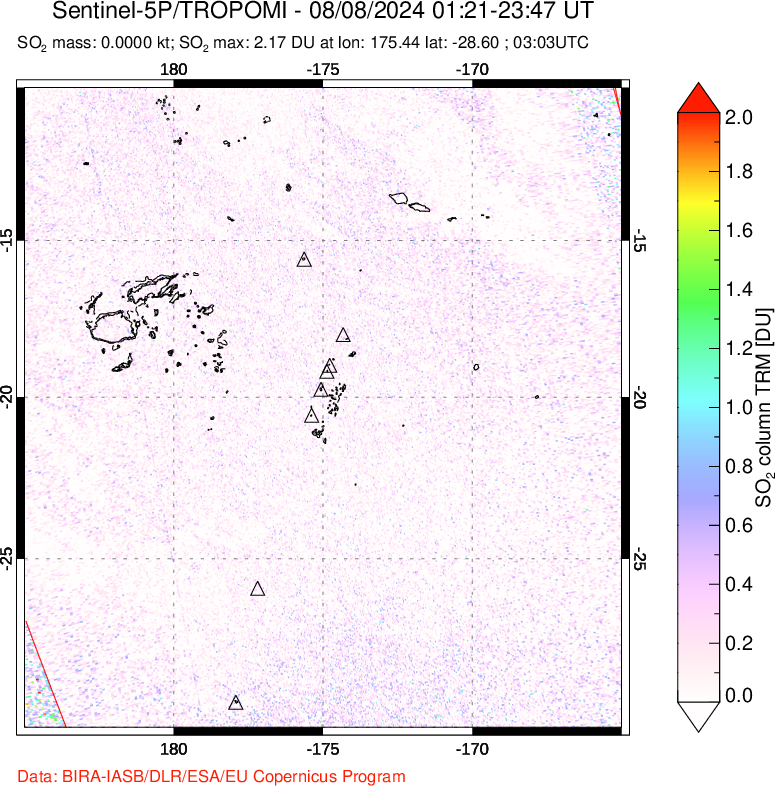 A sulfur dioxide image over Tonga, South Pacific on Aug 08, 2024.