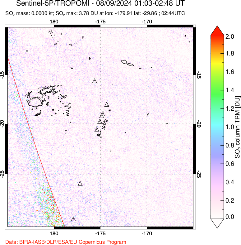 A sulfur dioxide image over Tonga, South Pacific on Aug 09, 2024.