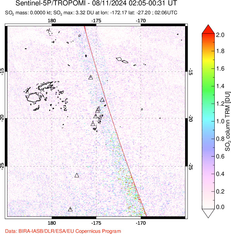 A sulfur dioxide image over Tonga, South Pacific on Aug 11, 2024.