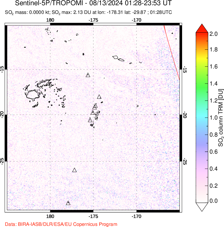 A sulfur dioxide image over Tonga, South Pacific on Aug 13, 2024.