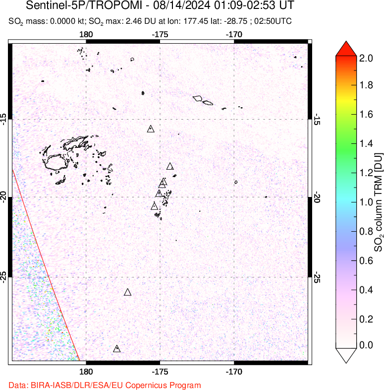 A sulfur dioxide image over Tonga, South Pacific on Aug 14, 2024.