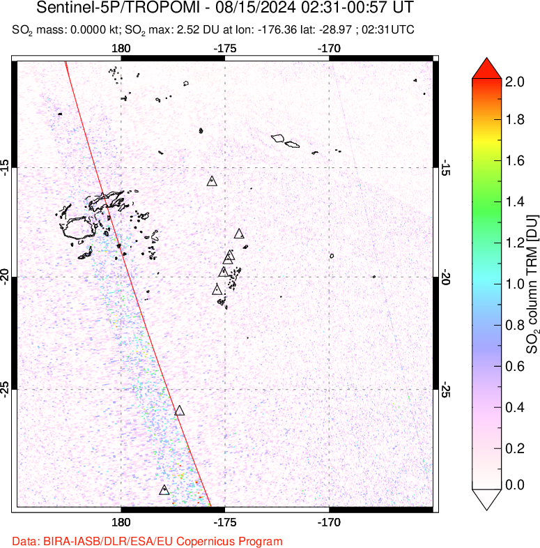 A sulfur dioxide image over Tonga, South Pacific on Aug 15, 2024.