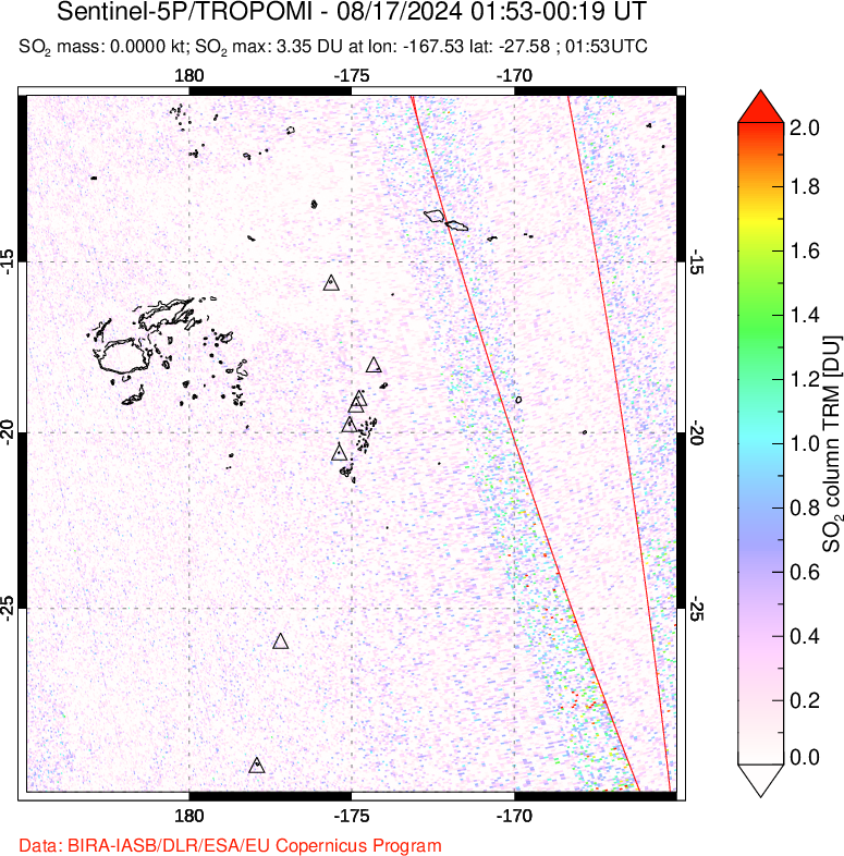 A sulfur dioxide image over Tonga, South Pacific on Aug 17, 2024.