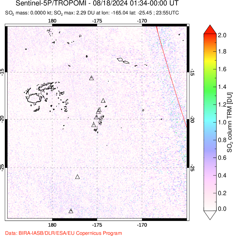 A sulfur dioxide image over Tonga, South Pacific on Aug 18, 2024.