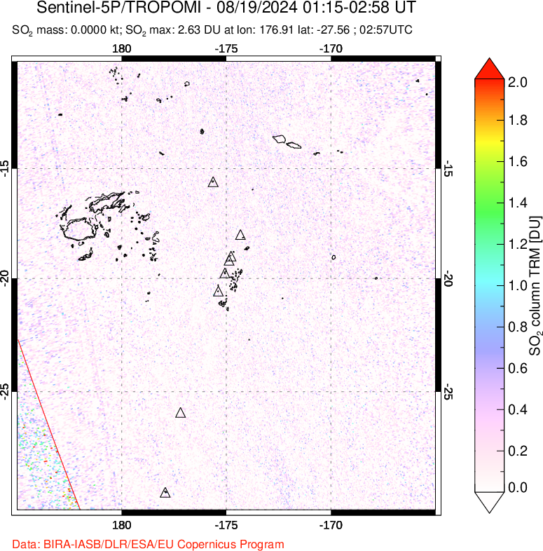 A sulfur dioxide image over Tonga, South Pacific on Aug 19, 2024.