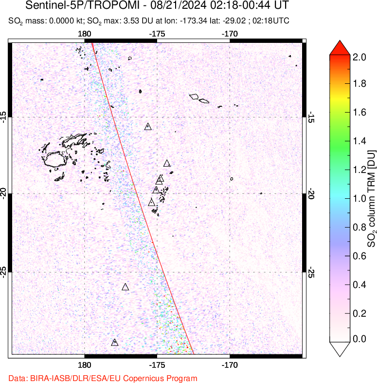 A sulfur dioxide image over Tonga, South Pacific on Aug 21, 2024.