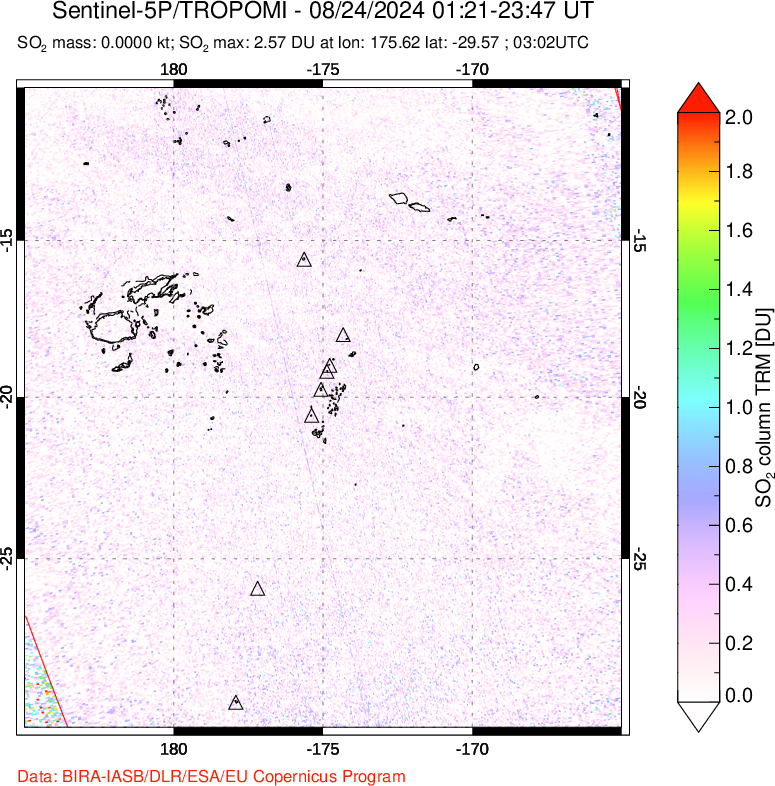 A sulfur dioxide image over Tonga, South Pacific on Aug 24, 2024.