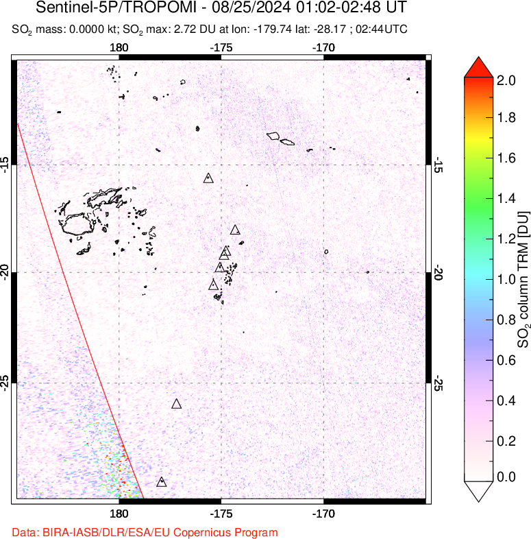 A sulfur dioxide image over Tonga, South Pacific on Aug 25, 2024.