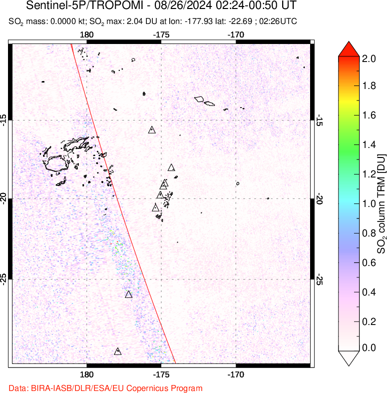 A sulfur dioxide image over Tonga, South Pacific on Aug 26, 2024.