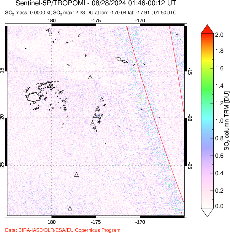 A sulfur dioxide image over Tonga, South Pacific on Aug 28, 2024.