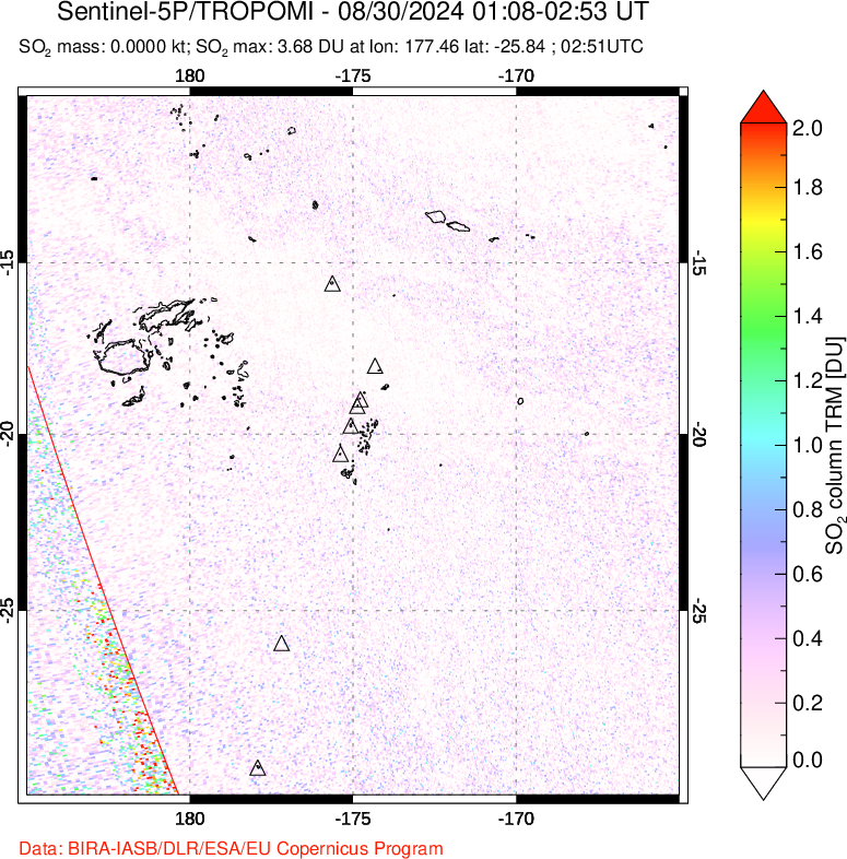 A sulfur dioxide image over Tonga, South Pacific on Aug 30, 2024.