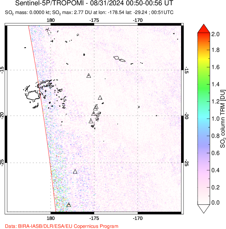 A sulfur dioxide image over Tonga, South Pacific on Aug 31, 2024.