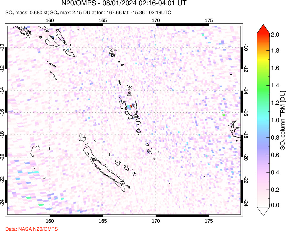 A sulfur dioxide image over Vanuatu, South Pacific on Aug 01, 2024.