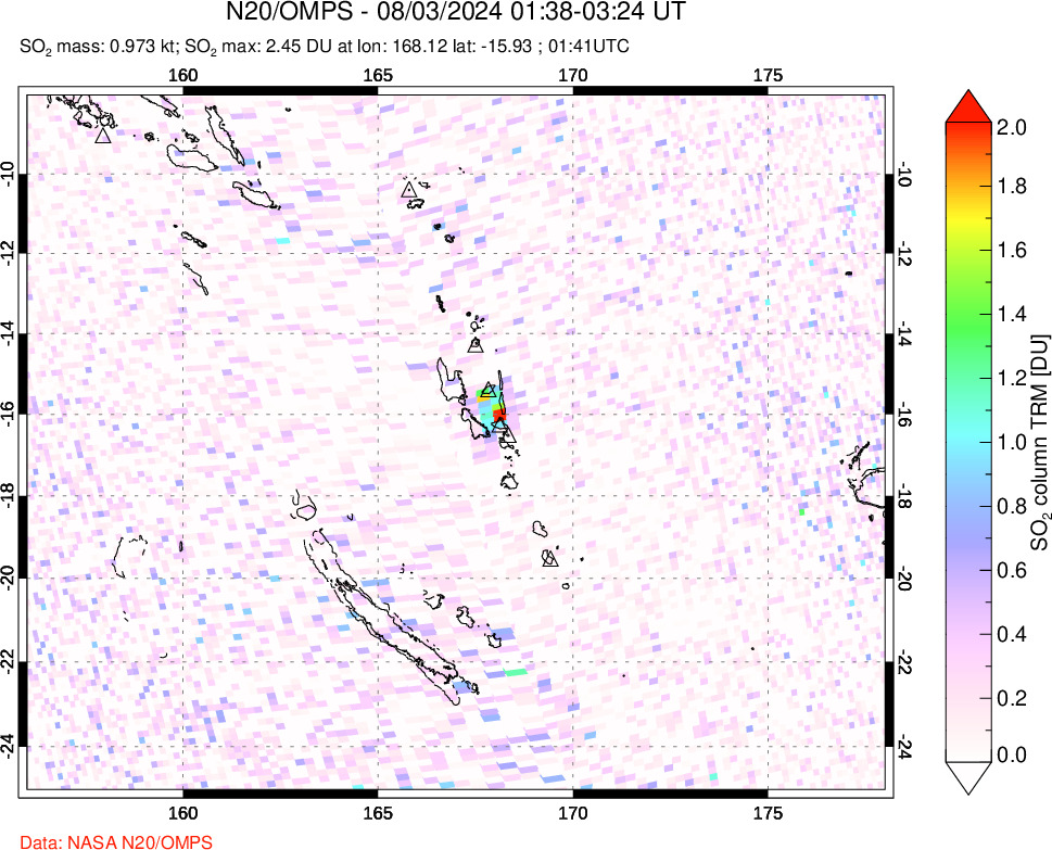 A sulfur dioxide image over Vanuatu, South Pacific on Aug 03, 2024.