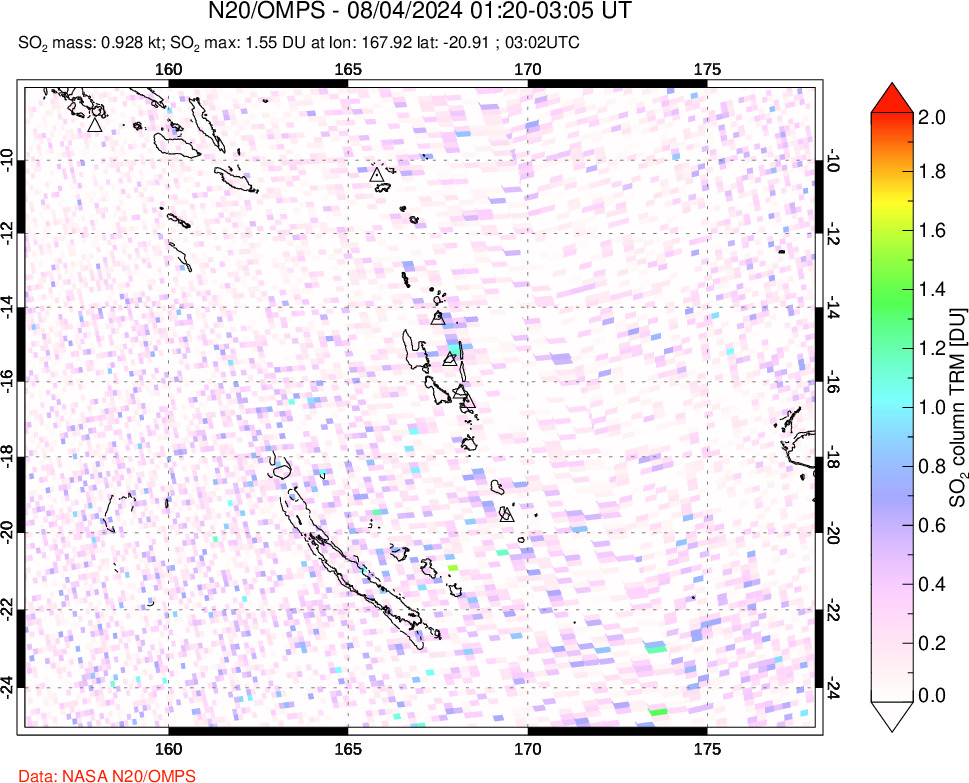 A sulfur dioxide image over Vanuatu, South Pacific on Aug 04, 2024.