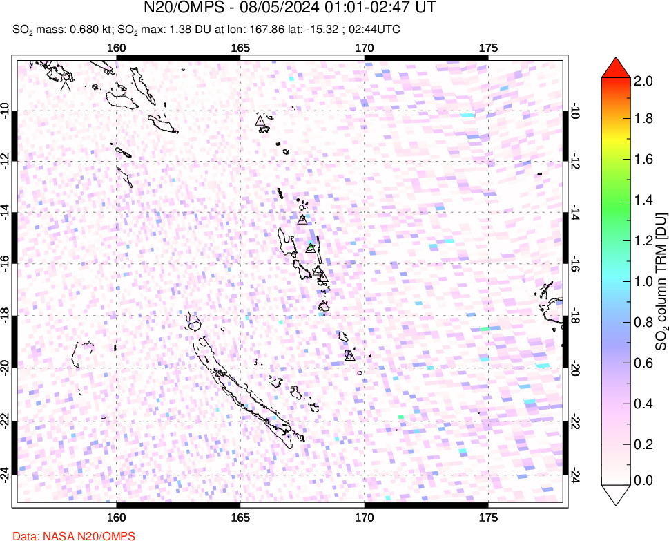 A sulfur dioxide image over Vanuatu, South Pacific on Aug 05, 2024.