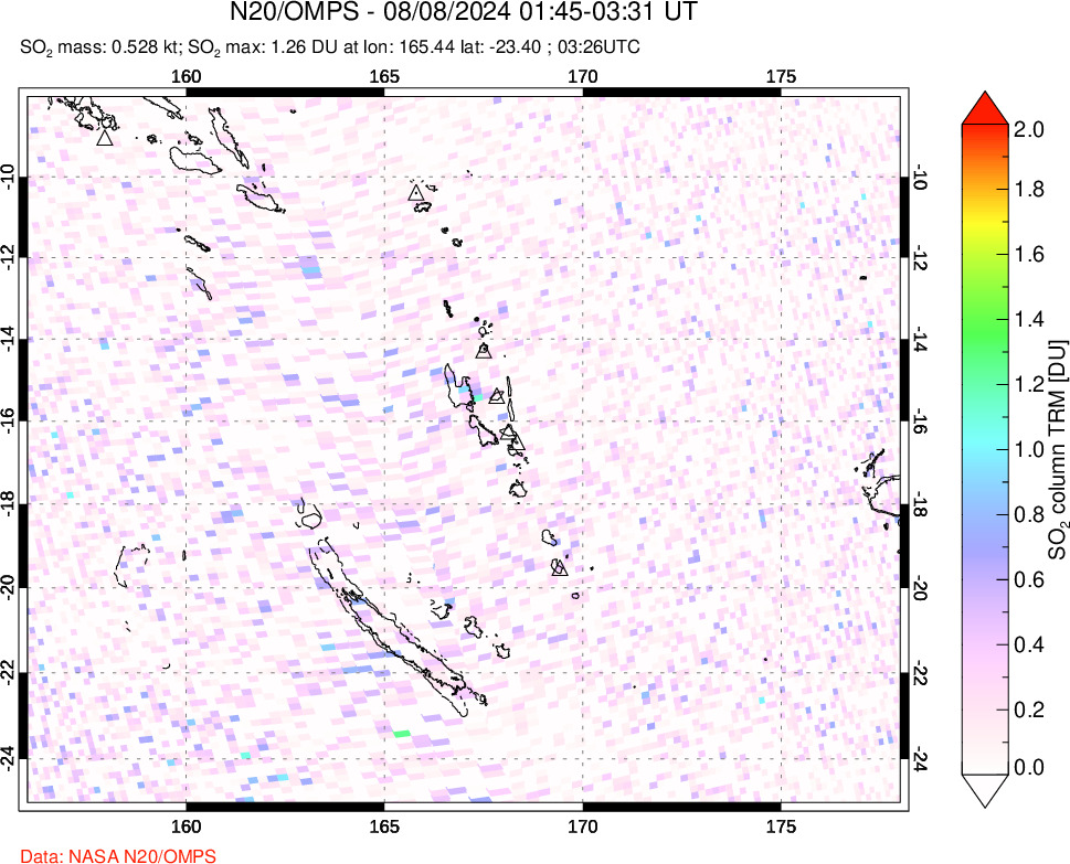 A sulfur dioxide image over Vanuatu, South Pacific on Aug 08, 2024.