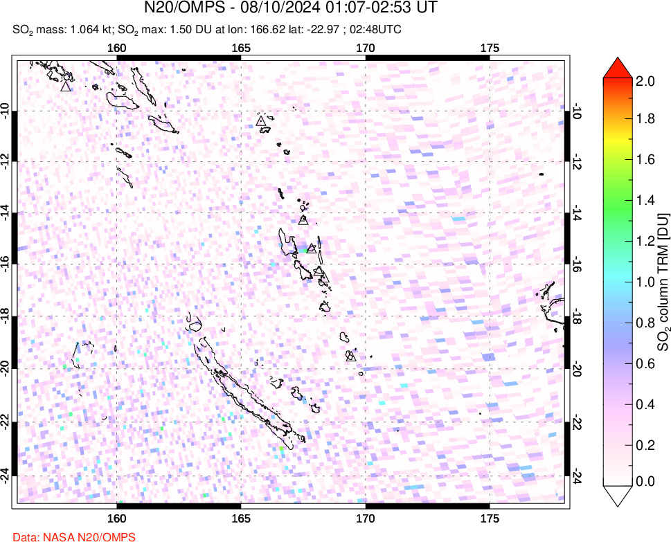 A sulfur dioxide image over Vanuatu, South Pacific on Aug 10, 2024.