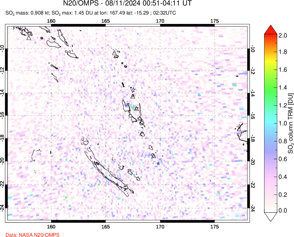 A sulfur dioxide image over Vanuatu, South Pacific on Aug 11, 2024.