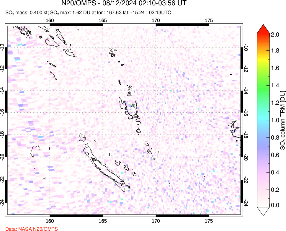 A sulfur dioxide image over Vanuatu, South Pacific on Aug 12, 2024.